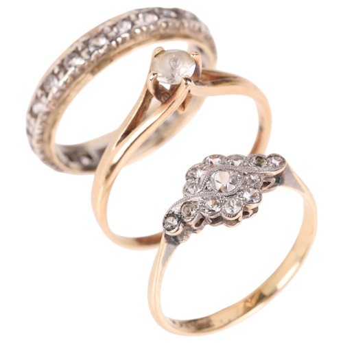 1328 - 2 x 9ct gold white sapphire rings, and a 9ct and silver white sapphire eternity ring, sizes O, P and... 