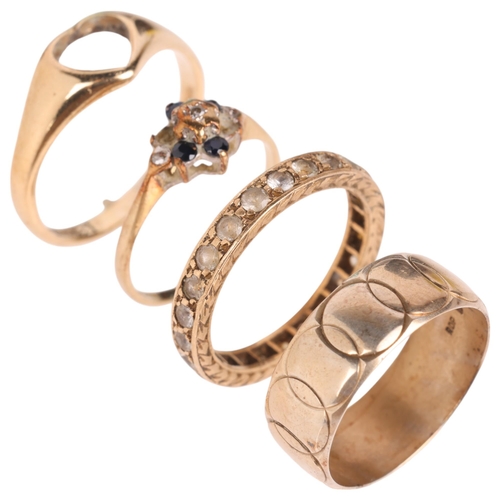 1329 - 4 x 9ct gold rings, sizes J, N x 2, and Q, 9.9g total (4)