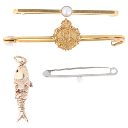 1332 - Various gold jewellery, comprising 18ct white gold pearl bar brooch, 0.8g, 15ct military sweetheart ... 