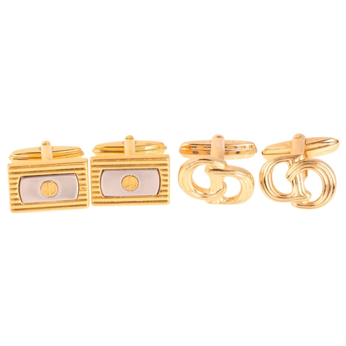 1334 - 2 pairs of luxury designer gilt-metal cufflinks, comprising Christian Dior and Dunhill, largest 17.8... 