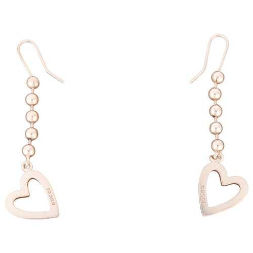 1343 - GUCCI - a pair of sterling silver beaded chain heart earrings, with shepherd hook fittings, 57.7mm, ... 