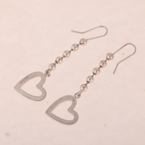 1343 - GUCCI - a pair of sterling silver beaded chain heart earrings, with shepherd hook fittings, 57.7mm, ... 