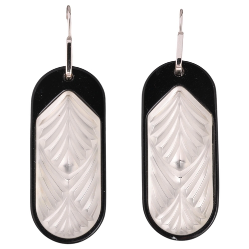 1344 - LALIQUE - a pair of sterling silver frosted glass drop earring, with shepherd hook fittings, 55.9mm,... 