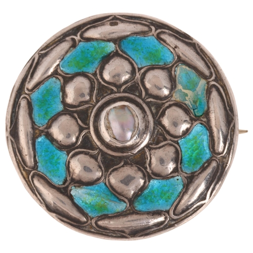 1345 - An Arts and Crafts Edwardian silver blister pearl and peacock enamel brooch, William Hair Haseler, B... 