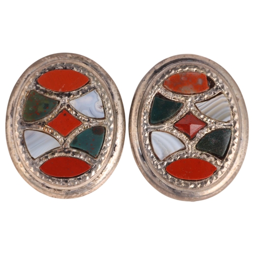 1349 - A pair of Scottish hardstone stud earrings, set with bloodstone agate and jasper, 24.6mm, 8.5g