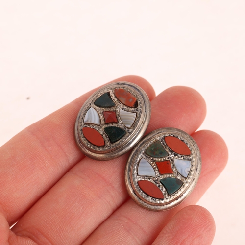 1349 - A pair of Scottish hardstone stud earrings, set with bloodstone agate and jasper, 24.6mm, 8.5g