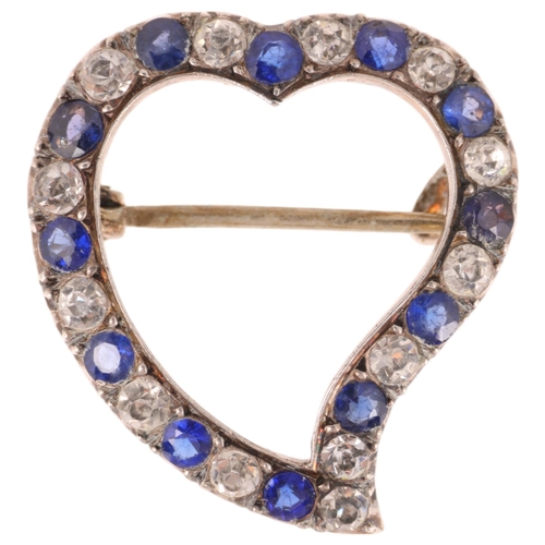 1350 - An Antique Continental sterling silver blue and white paste witch's heart brooch, 23.6mm, 4.3g