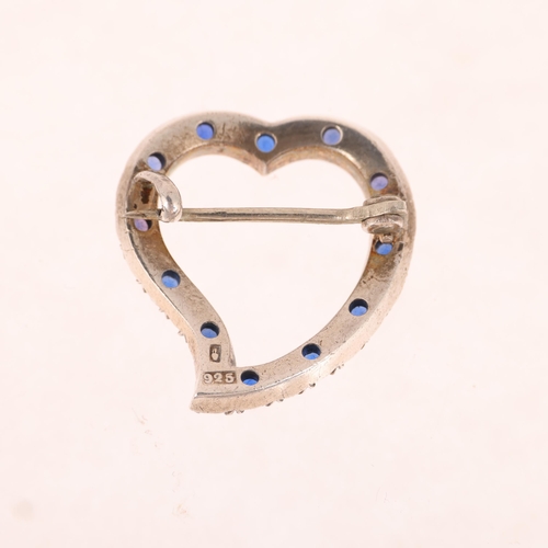 1350 - An Antique Continental sterling silver blue and white paste witch's heart brooch, 23.6mm, 4.3g