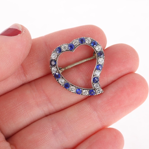 1350 - An Antique Continental sterling silver blue and white paste witch's heart brooch, 23.6mm, 4.3g