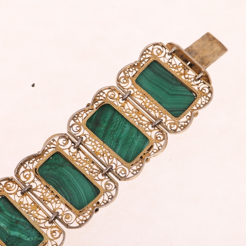 1352 - An Antique Russian silver-gilt filigree malachite panel bracelet, Cyrillic maker's mark, band width ... 