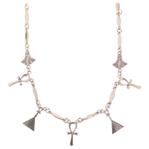 1354 - An Egyptian silver Ankh Cross and pyramid fringe necklace, 44cm, 21.5g