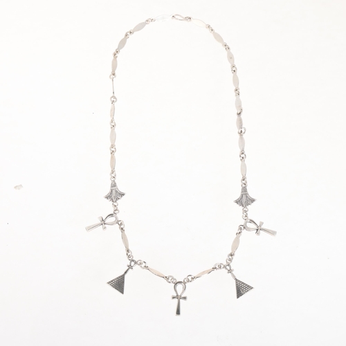 1354 - An Egyptian silver Ankh Cross and pyramid fringe necklace, 44cm, 21.5g