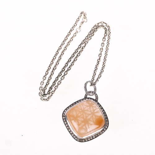 1358 - An Indian silver rutilated quartz and diamond pendant necklace, on sterling cable link chain, pendan... 