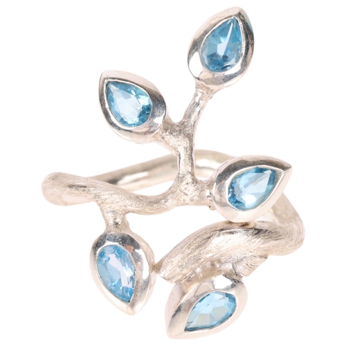 1360 - A sterling silver blue topaz naturalistic branch ring, setting height 33.3mm, size approx P, 10.5g