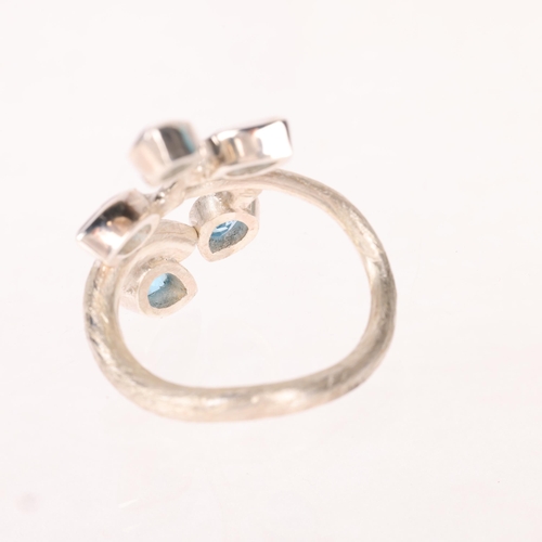 1360 - A sterling silver blue topaz naturalistic branch ring, setting height 33.3mm, size approx P, 10.5g