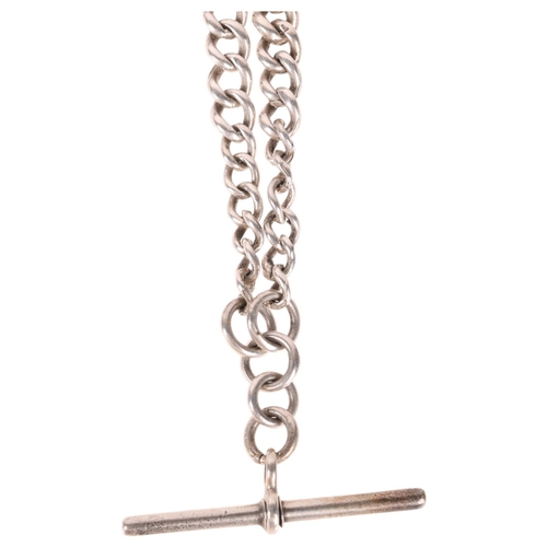 1361 - An Antique silver graduated solid curb link double Albert chain necklace, with silver T-bar and 2 do... 