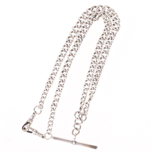 1361 - An Antique silver graduated solid curb link double Albert chain necklace, with silver T-bar and 2 do... 