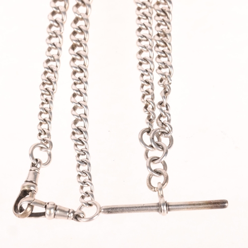 1361 - An Antique silver graduated solid curb link double Albert chain necklace, with silver T-bar and 2 do... 