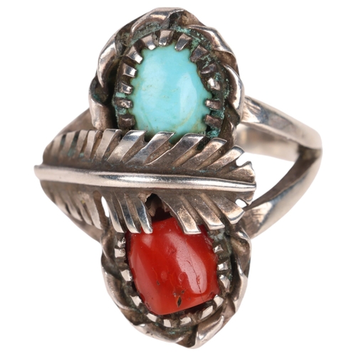 1365 - A Native American Navajo sterling silver turquoise and coral feather ring, setting height 24.4mm, si... 