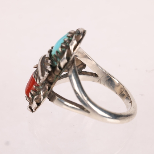 1365 - A Native American Navajo sterling silver turquoise and coral feather ring, setting height 24.4mm, si... 