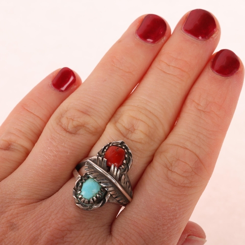 1365 - A Native American Navajo sterling silver turquoise and coral feather ring, setting height 24.4mm, si... 