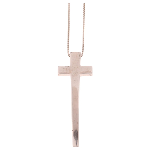 1372 - A modern sterling silver cross pendant necklace, on sterling fine box link chain, pendant 45.7mm, ch... 