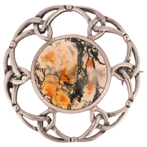 1375 - A Scottish Iona silver moss agate Celtic brooch, John Hart, Edinburgh 1967, 36.4mm, 9.5g