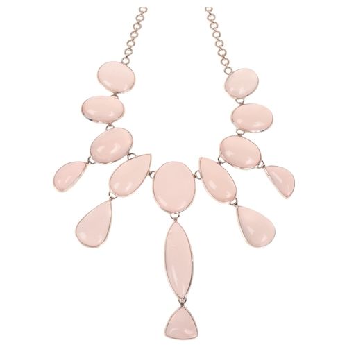 1377 - A large and impressive sterling silver rose quartz collar fringe necklace, set with vari-shape caboc... 