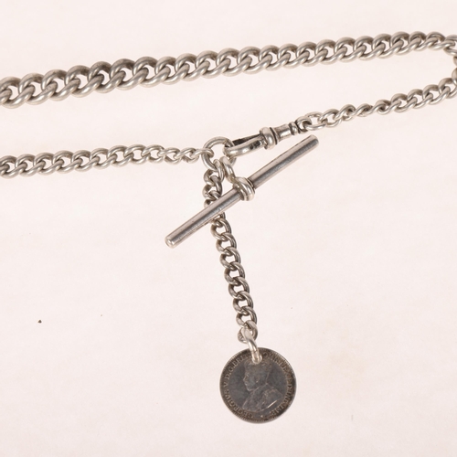 1378 - An Antique silver graduated solid curb link Albert chain necklace, with silver T-bar dog clip and th... 