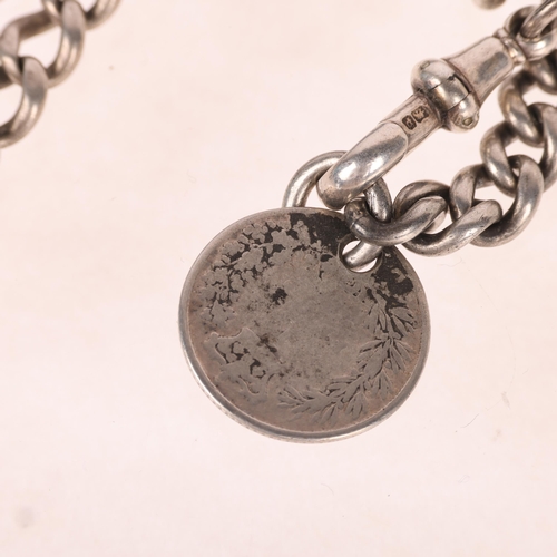 1380 - An Antique silver solid curb link Albert chain necklace, with silver T-bar dog clip and coin charm, ... 