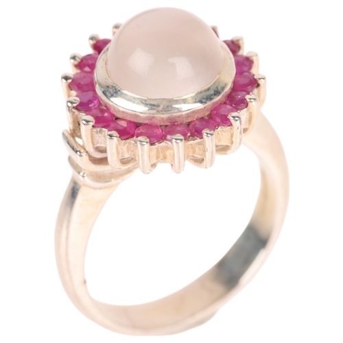 1381 - A sterling silver moonstone and ruby cluster ring, setting height 15.3mm, size N, 6.8g