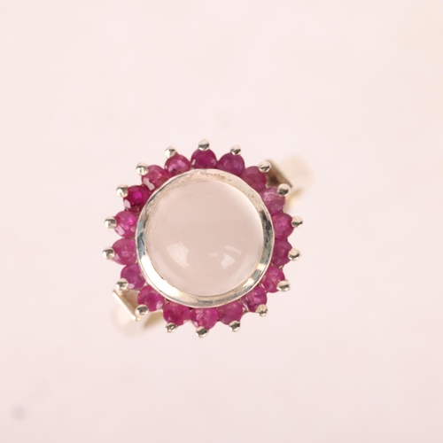 1381 - A sterling silver moonstone and ruby cluster ring, setting height 15.3mm, size N, 6.8g