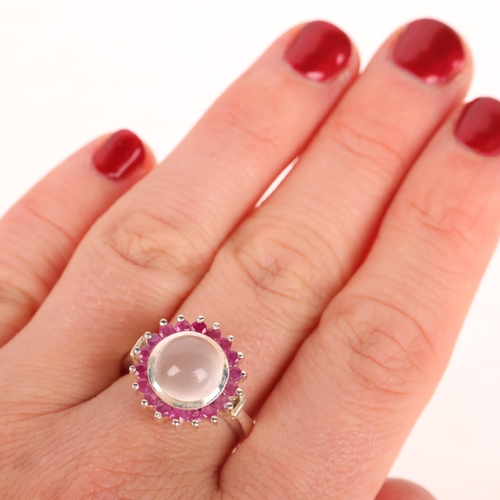 1381 - A sterling silver moonstone and ruby cluster ring, setting height 15.3mm, size N, 6.8g