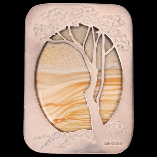 1385 - A sterling silver picture Jasper landscape brooch, maker CAP, London 1986, 51mm, 15.8g