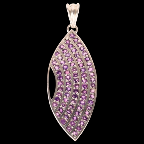 1389 - A large sterling silver amethyst marquise pendant, 81.7mm, 26.9g