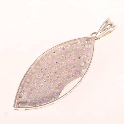 1389 - A large sterling silver amethyst marquise pendant, 81.7mm, 26.9g