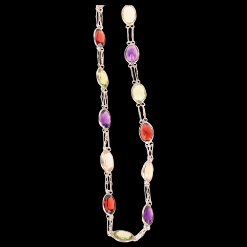 1391 - A sterling silver gem set tennis line necklace, gemstones include citrine garnet amethyst and perido... 