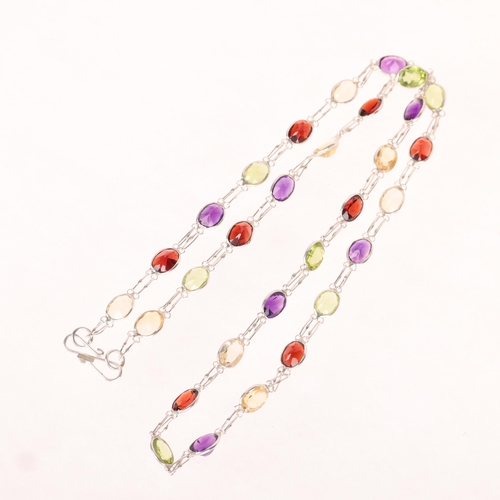 1391 - A sterling silver gem set tennis line necklace, gemstones include citrine garnet amethyst and perido... 