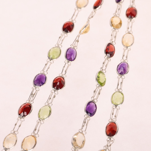 1391 - A sterling silver gem set tennis line necklace, gemstones include citrine garnet amethyst and perido... 