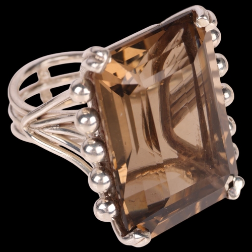 1392 - A large sterling silver smoky quartz naturalistic dress ring, setting height 28.3mm, size N, 21.8g