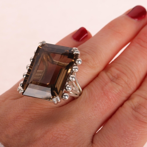 1392 - A large sterling silver smoky quartz naturalistic dress ring, setting height 28.3mm, size N, 21.8g