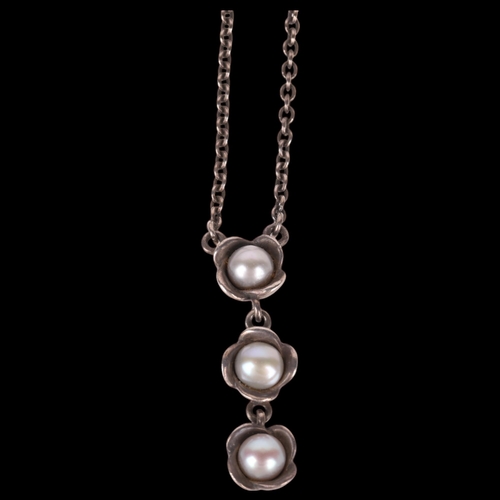 1396 - PANDORA - a sterling silver pearl flowerhead drop pendant necklace, on original integral sterling ch... 