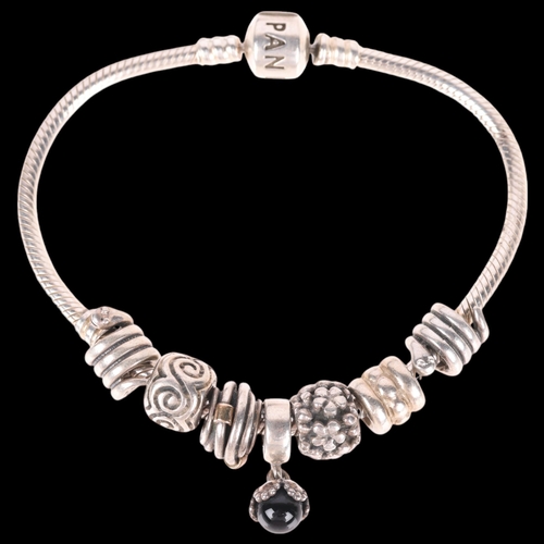 1397 - PANDORA - a sterling silver snake link charm bracelet, with 7 silver charms, 18cm, 35.7g