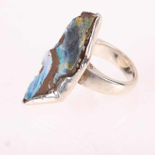 1406 - A large modernist sterling silver rough boulder opal ring, maker VSV, setting height 38.9mm, size N,... 