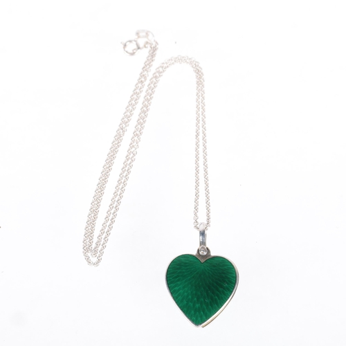 1409 - GUSTAV ADOLF SAELLSTROM - a Danish silver and green enamel sliding heart pendant necklace, on sterli... 