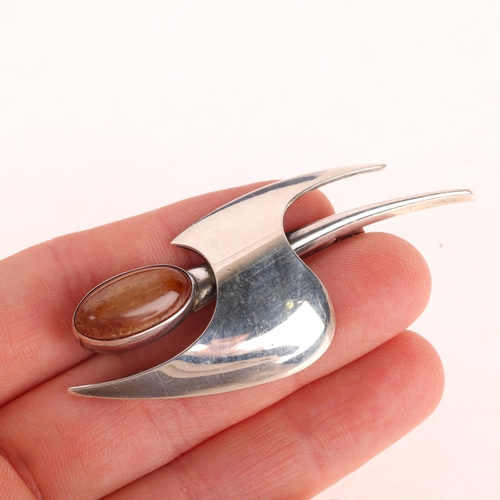 1410 - NIELS ERIK FROM - a Danish modernist sterling silver and amber abstract brooch, 64.8mm, 11.4g