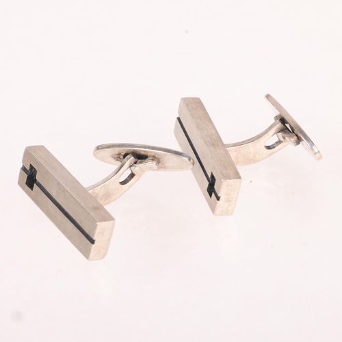 1411 - NIELS ERIK FROM - a pair of Danish modernist sterling silver and niello geometric cufflinks, 25.9mm,... 