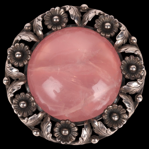 1416 - NIELS ERIK FROM - an Art Nouveau style Danish sterling silver rose quartz flowerhead brooch, 41.4mm,... 