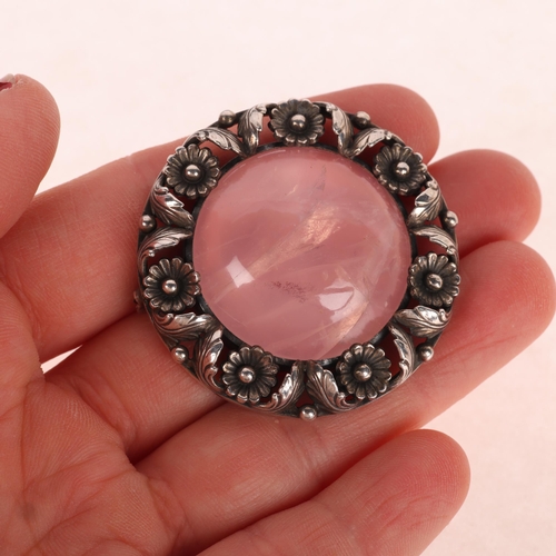 1416 - NIELS ERIK FROM - an Art Nouveau style Danish sterling silver rose quartz flowerhead brooch, 41.4mm,... 