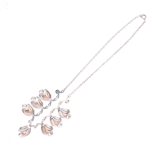 1436 - HERMANN SIERSBOL - a Danish modernist sterling silver pink crystal floral fringe necklace, 39cm, 14.... 